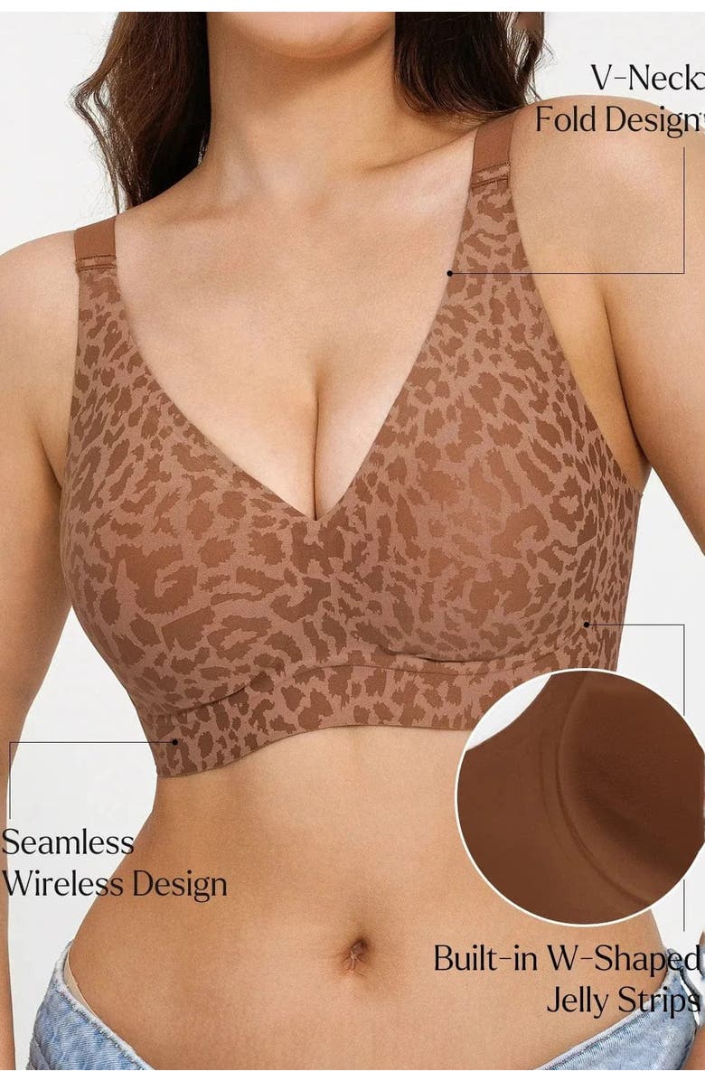 Popilush Seamless Wireless Jelly Leopard Contour Minimizer Support Bra, Alternate, color, Caramel