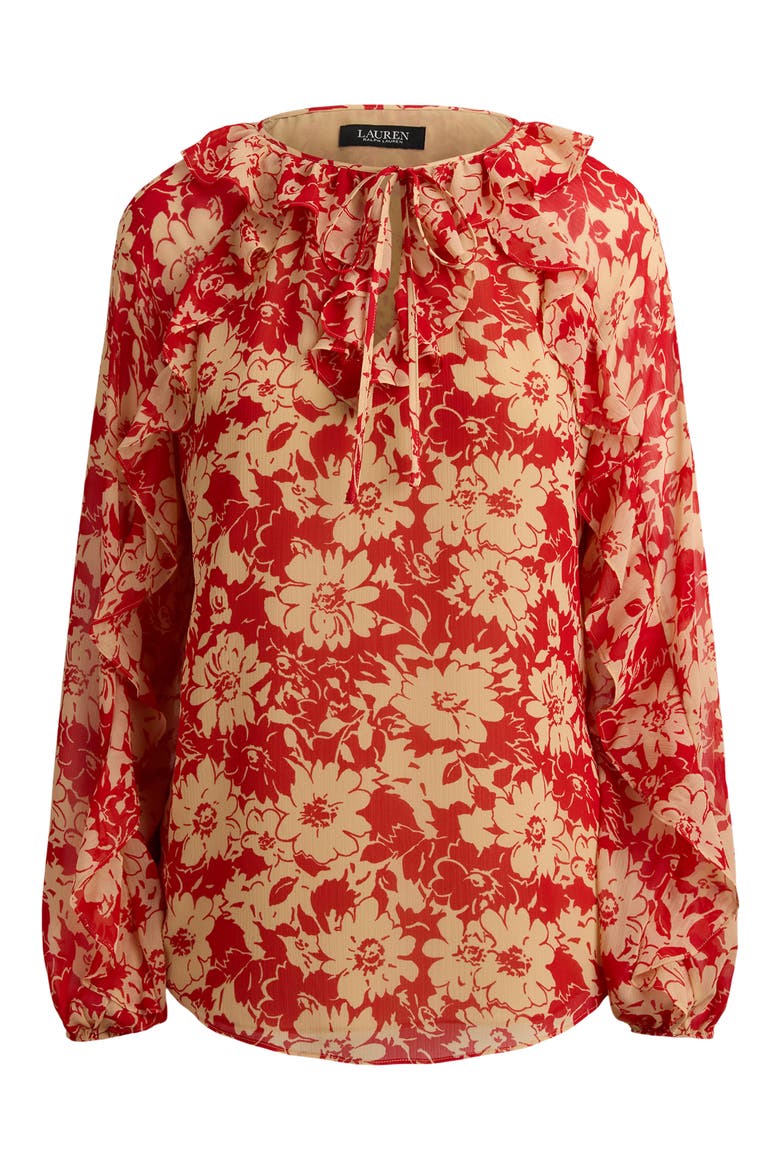 Floral Ruffle Detail Crinkle Top, Alternate, color, RED/ TAN