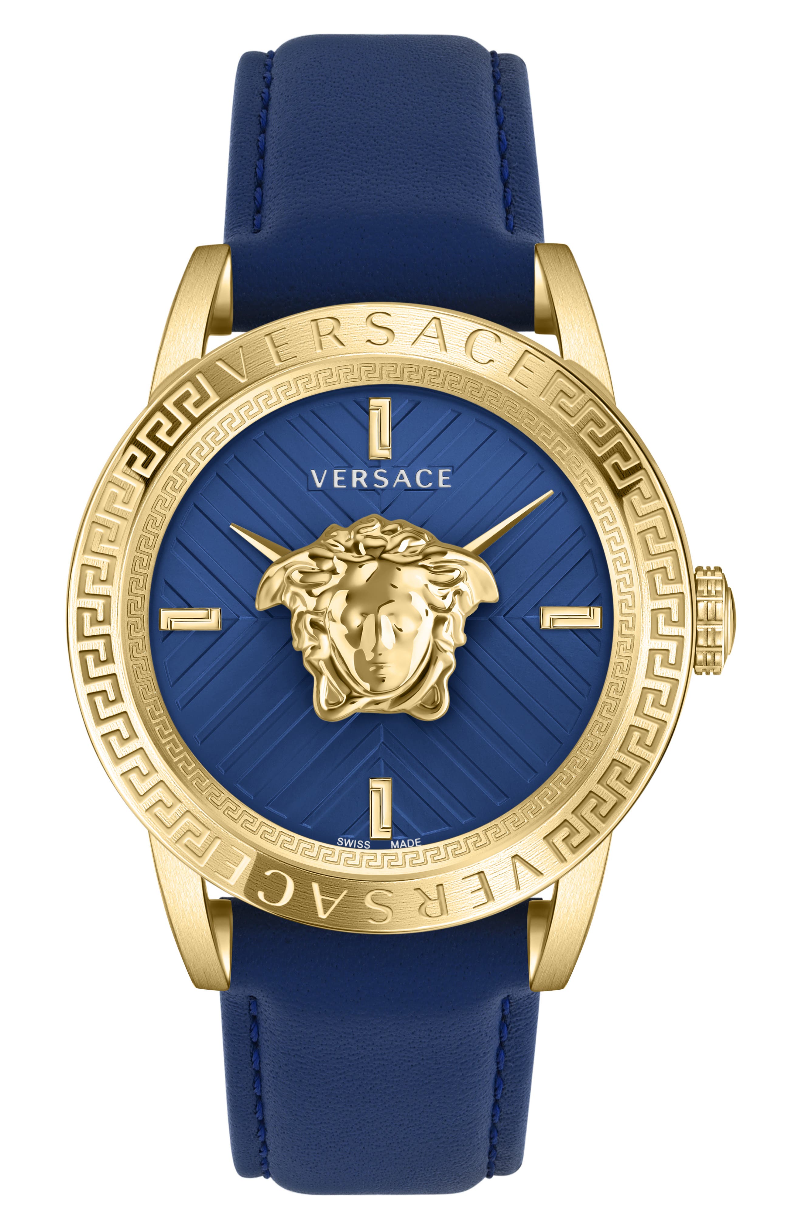 Versace V-Code Swiss Quartz Leather Strap Watch, 43mm