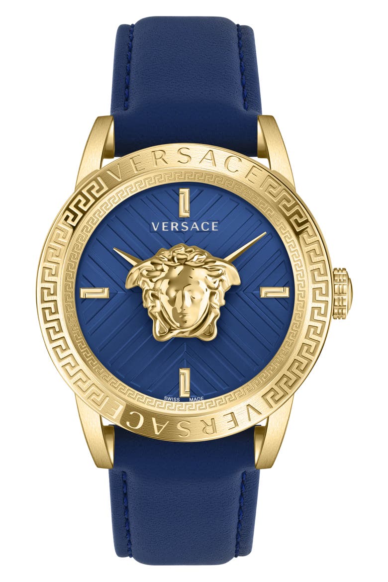 V-Code Swiss Quartz Leather Strap Watch, 43mm, Main, color, GOLD