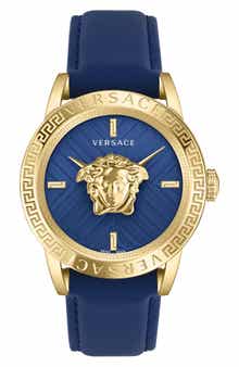 Versace V-Code Swiss Quartz Leather Strap Watch, 43mm