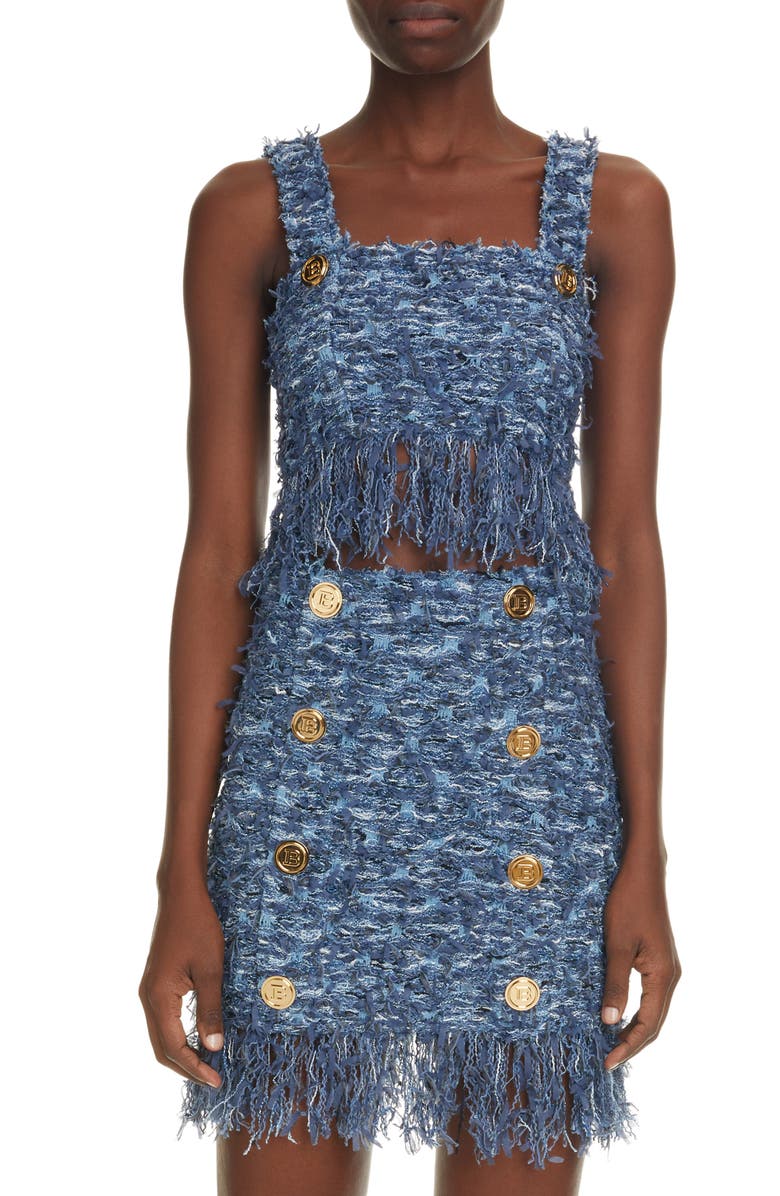 Balmain Fringe Tweed Crop Top, Main, color,
