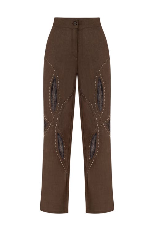 Labeca London Asher Cappuccino Linen Cut Out Contrast Stitch Pants In Brown
