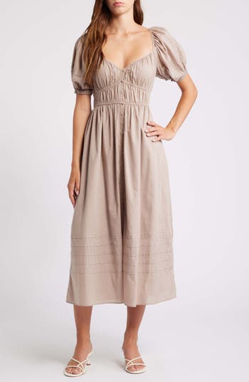 & Other Stories Pleat Detail Cotton Dress In Mole Medium Dusty