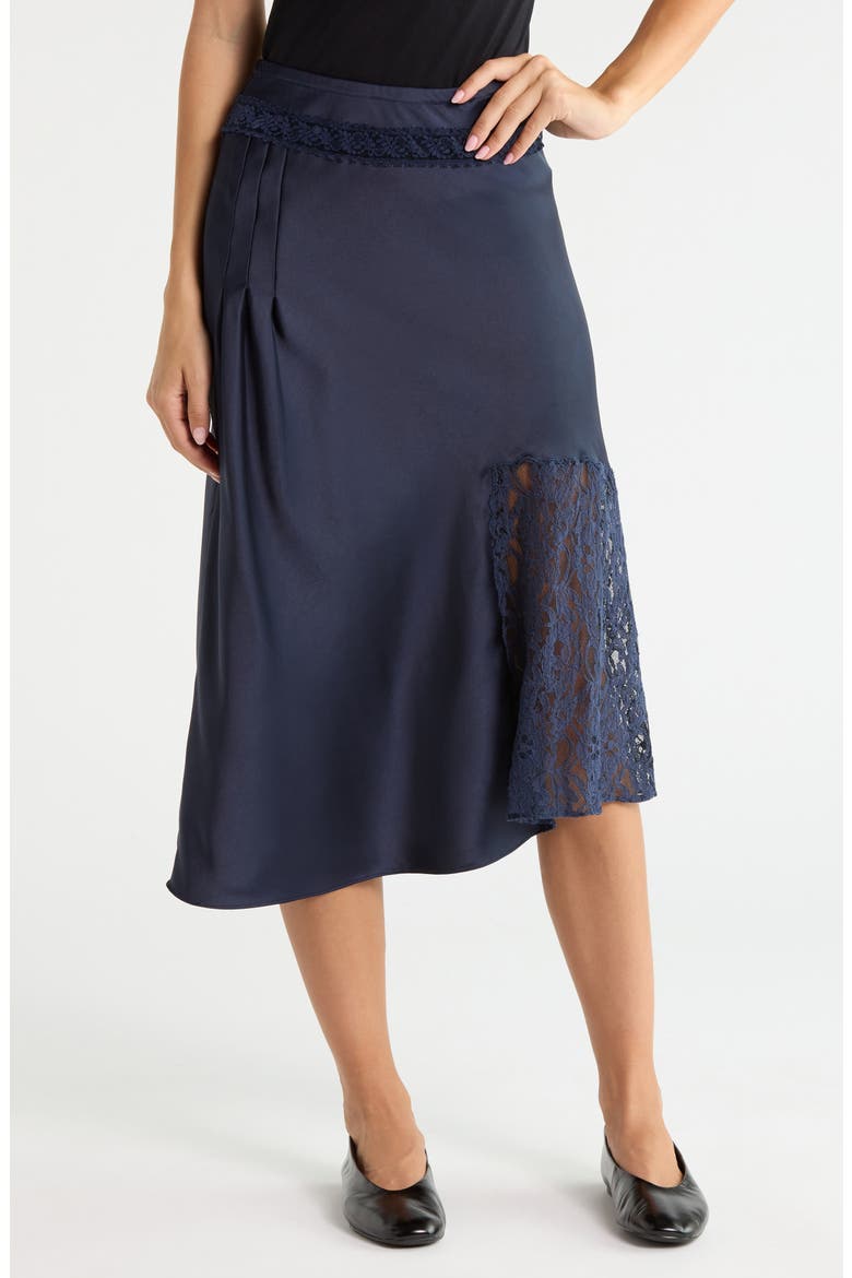 Elea Satin and Lace Midi Skirt, Main, color, NAVY