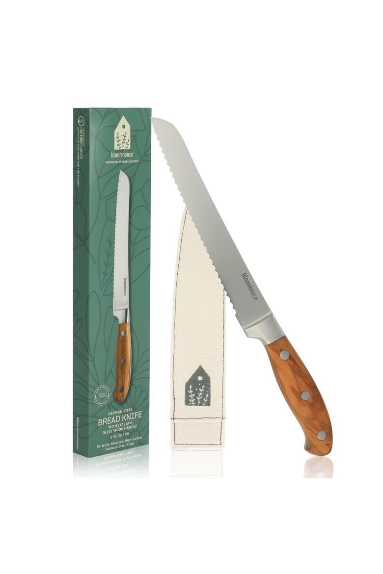 German Steel Bread Knife W/ Italian Olive Wood Forged Handle, Alternate, color, Natural Wood