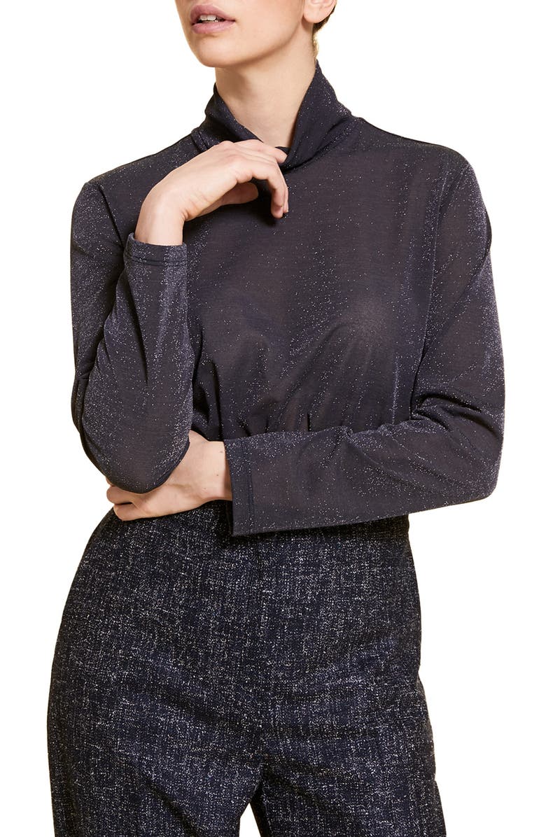 Marina Rinaldi Russia Metallic Turtleneck Jersey Top, Main, color, Dark Navy