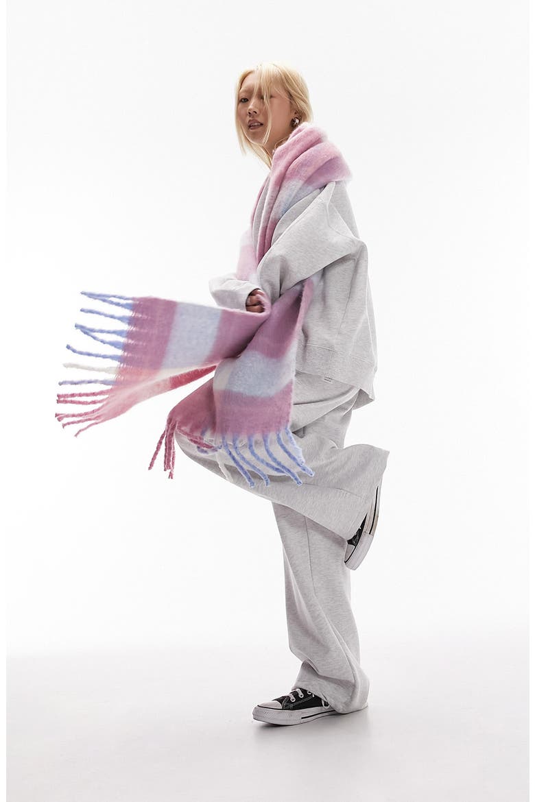 Blanket Check Fringe Scarf, Alternate, color, PINK