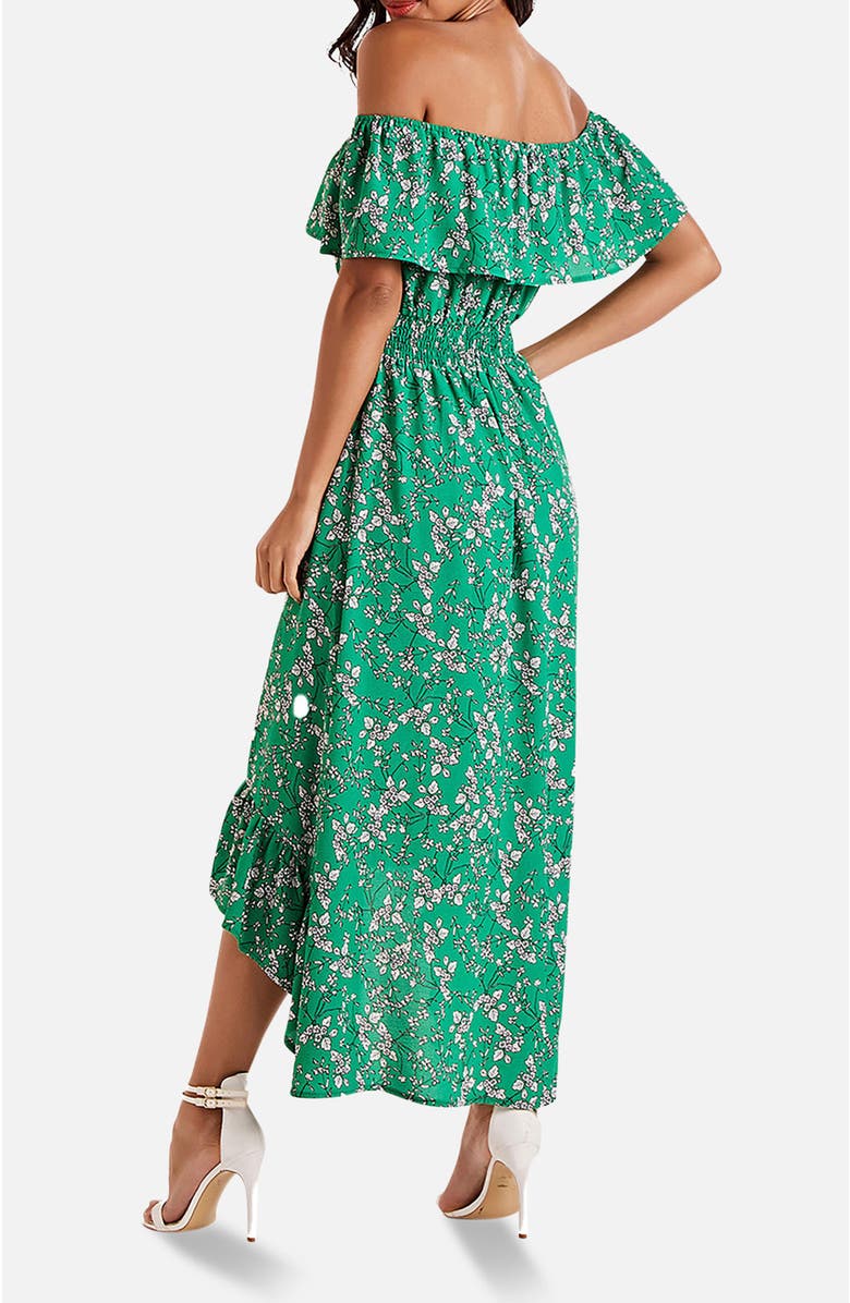 Yumi Floral Bardot Ruffled Hem Midi Dress, Alternate, color, Green