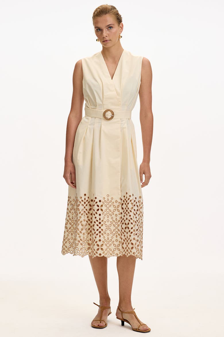 Mackenzie V Neck Belted Pocket Midi Dress, Main, color, Cream