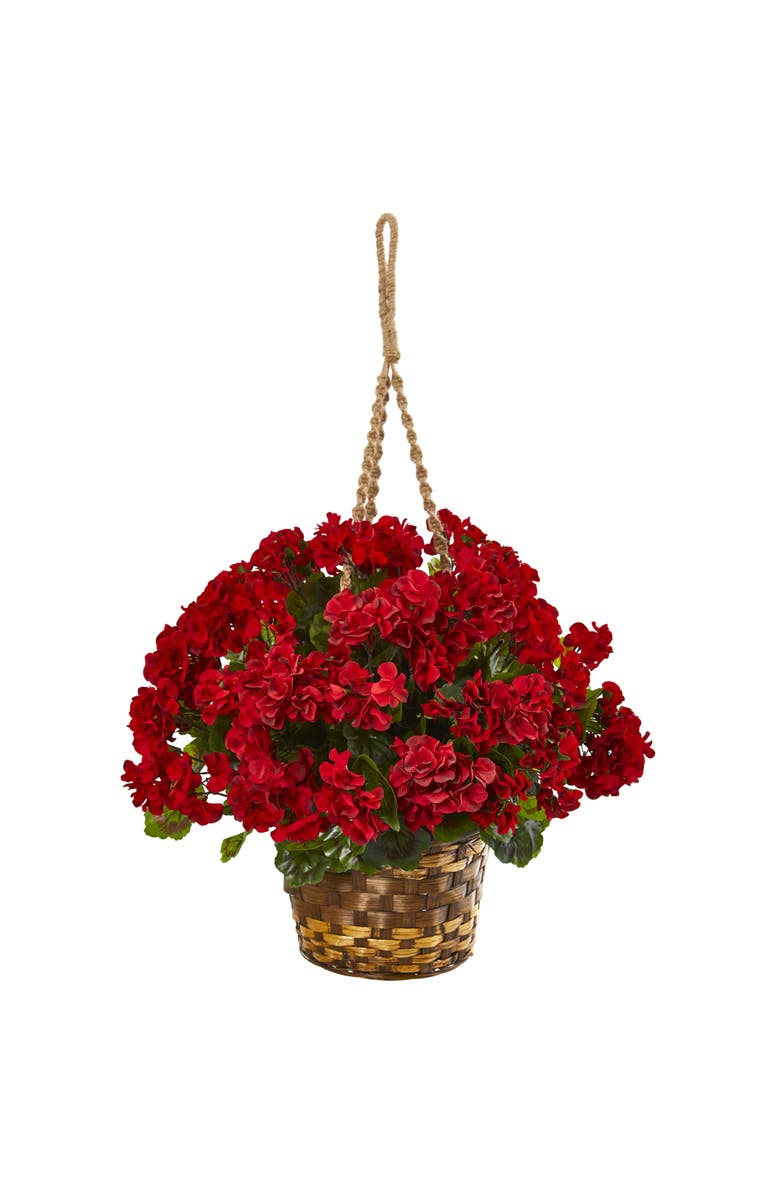 NEARLY NATURAL 19-in Geranium Hanging Basket Artificial Plant UV Resistant, Main, color, Red