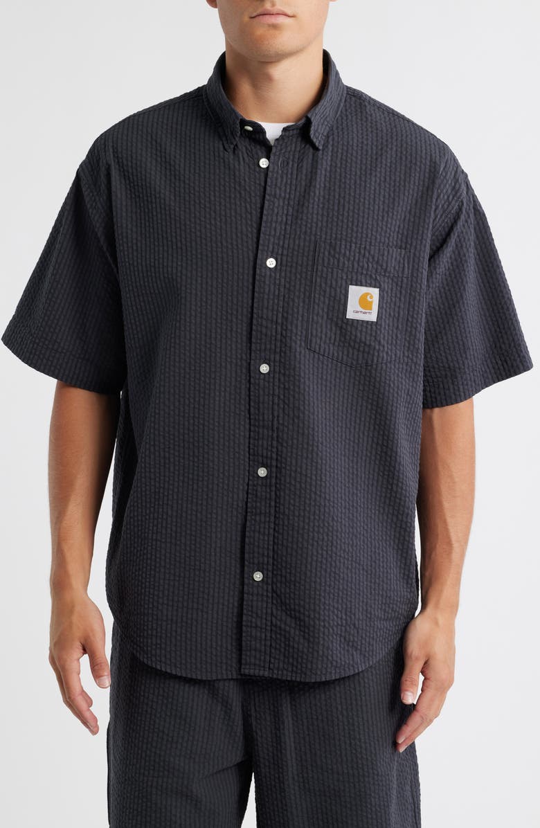 Carhartt Work In Progress Toland Seersucker Short Sleeve Button-Up Shirt, Alternate, color, Black Toland Stripe