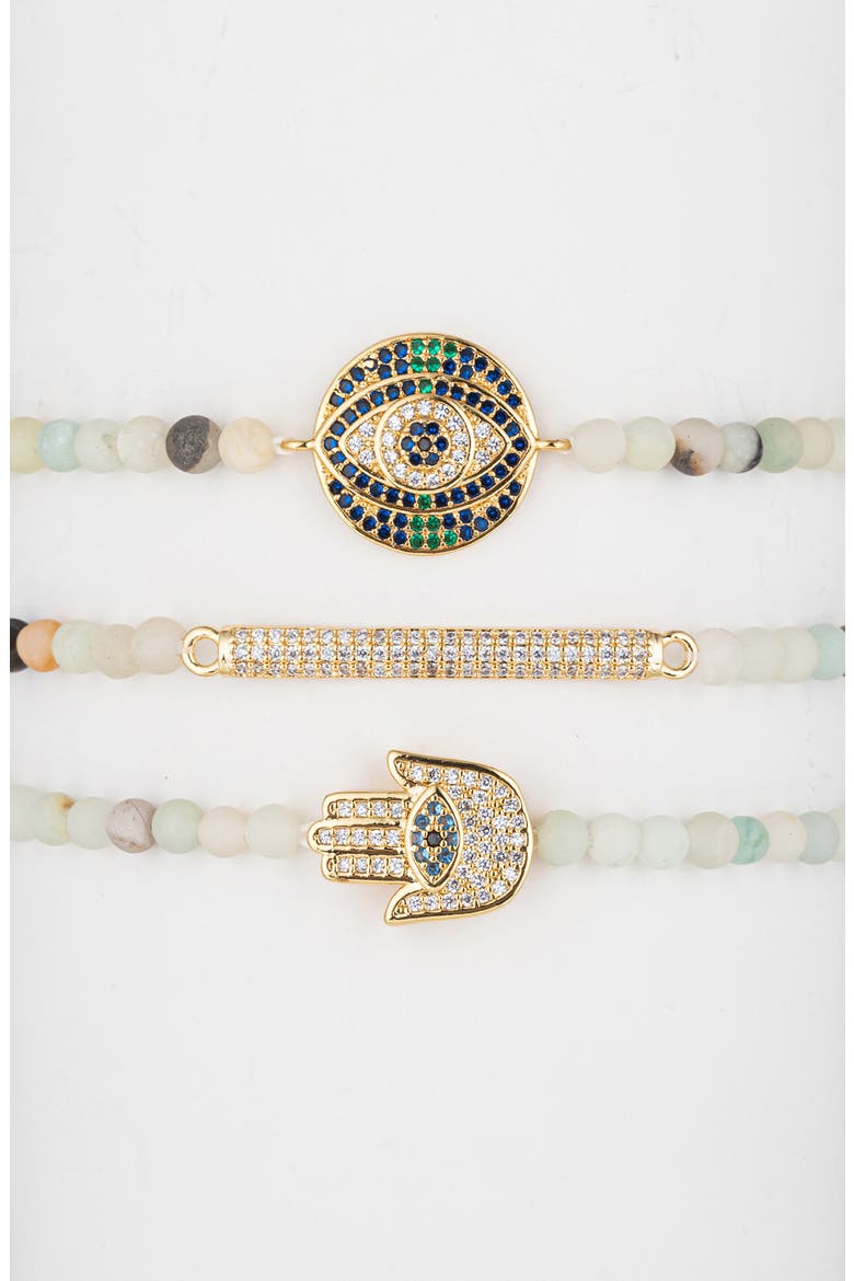 Cubic Zirconia Evil Eye Hamsa Cici Agate Charm Bracelet - Set of 3, Main, color, GOLD