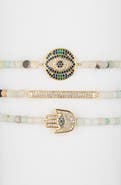 EYE CANDY LOS ANGELES Cubic Zirconia Evil Eye Hamsa Cici Agate Charm Bracelet - Set of 3