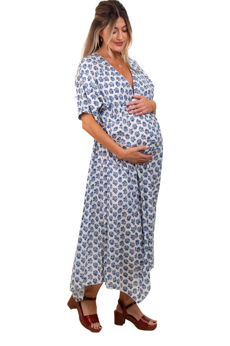 Floral Deep V-Neck Handkerchief Hem Maxi Dress, Alternate, color, Navy Blue
