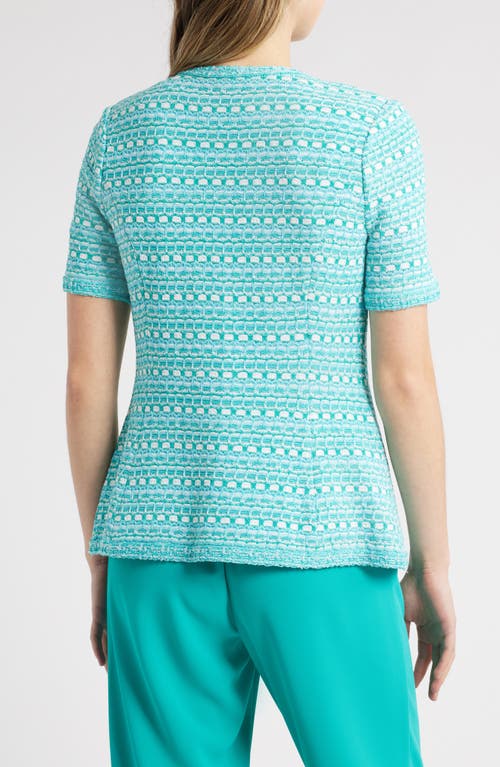 Ming Wang Mixed Stitch Short Sleeve Cardigan In Emerald Awe/calypso Blue