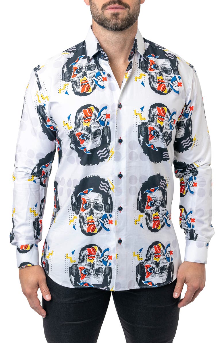 Maceoo Fibonacci Stretchskullpuppet Performance Button-Up Shirt, Main, color, White