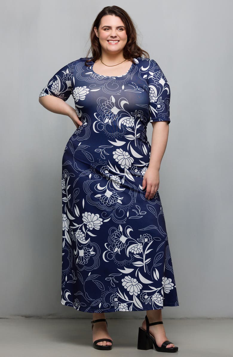 24seven Comfort Apparel Floral Knit Maxi Dress, Alternate, color, Navy Multi