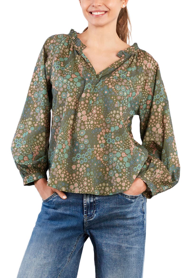 Split Neck Cotton Blend Peasant Top, Alternate, color, CAMO FLORAL
