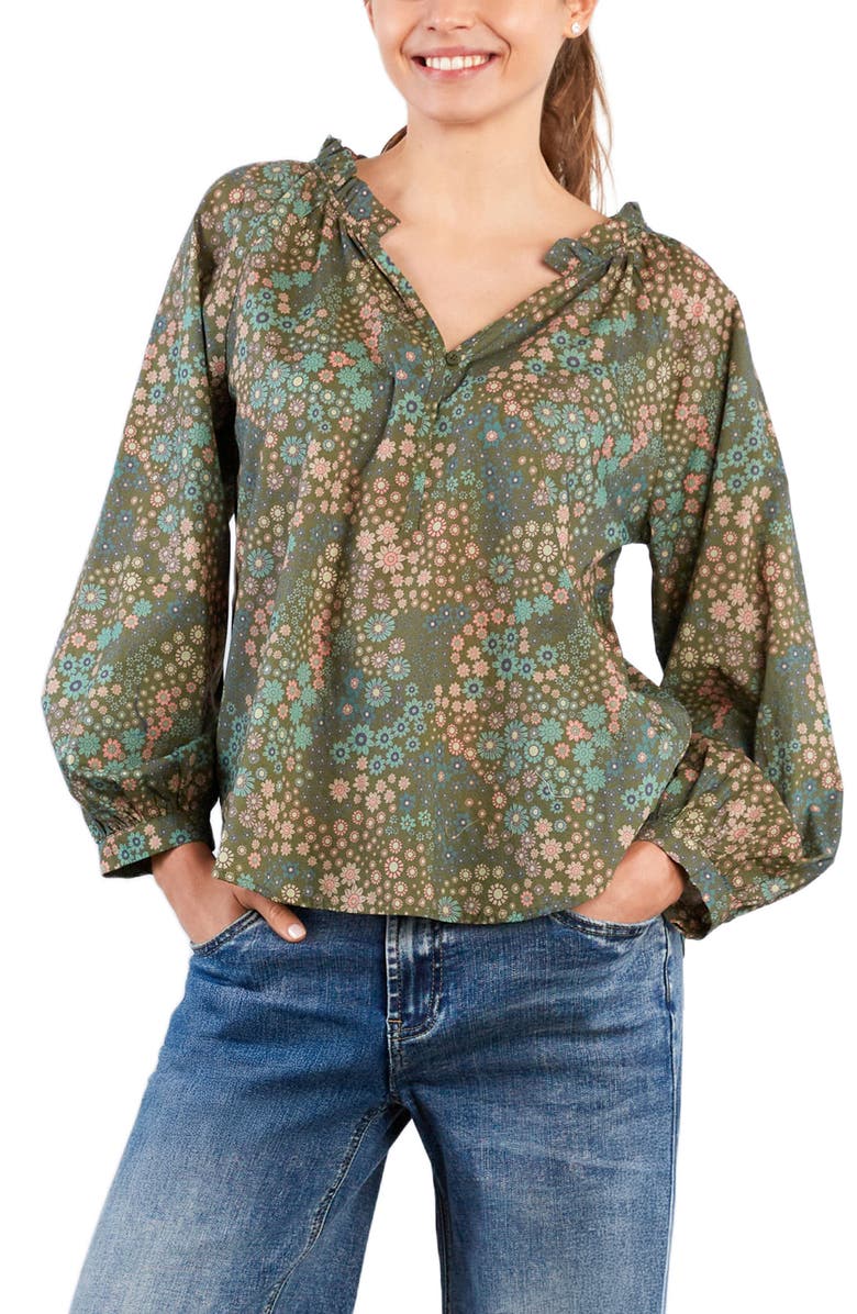Billy T Split Neck Cotton Blend Peasant Top, Alternate, color, Camo Floral