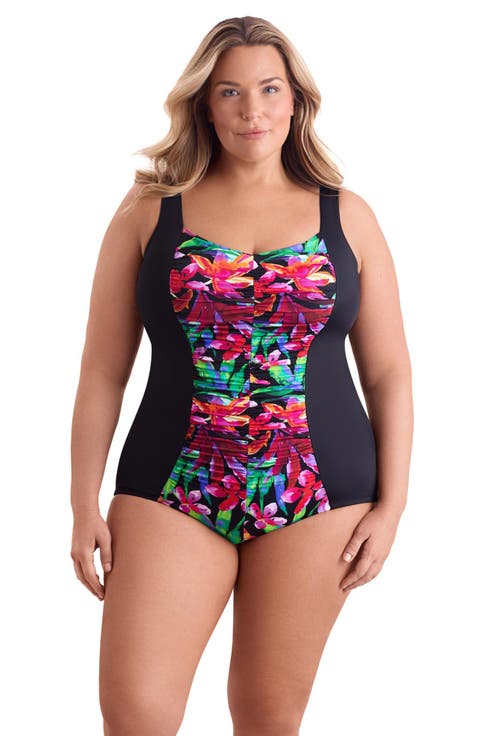 Shirred Front Princess Seam Girl Leg Plus Size One-Piece Swimsuit