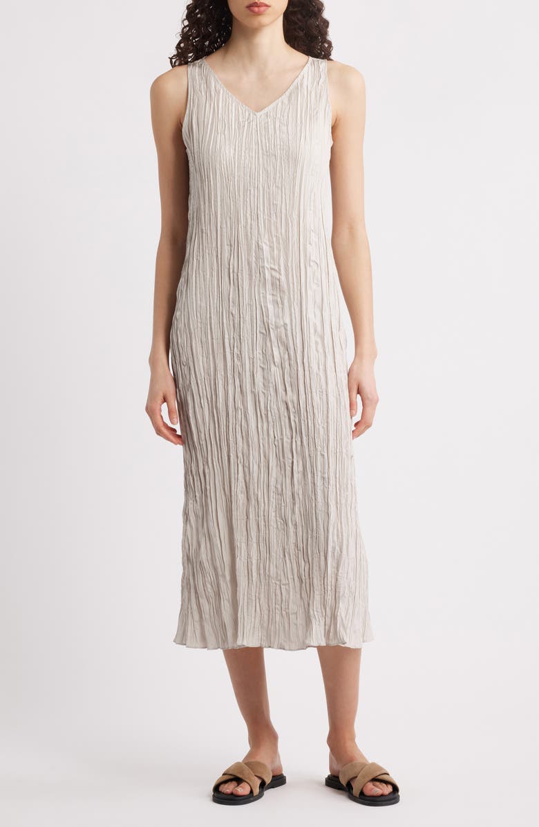 Eileen Fisher Pleated Silk Midi Dress, Main, color, Chalk