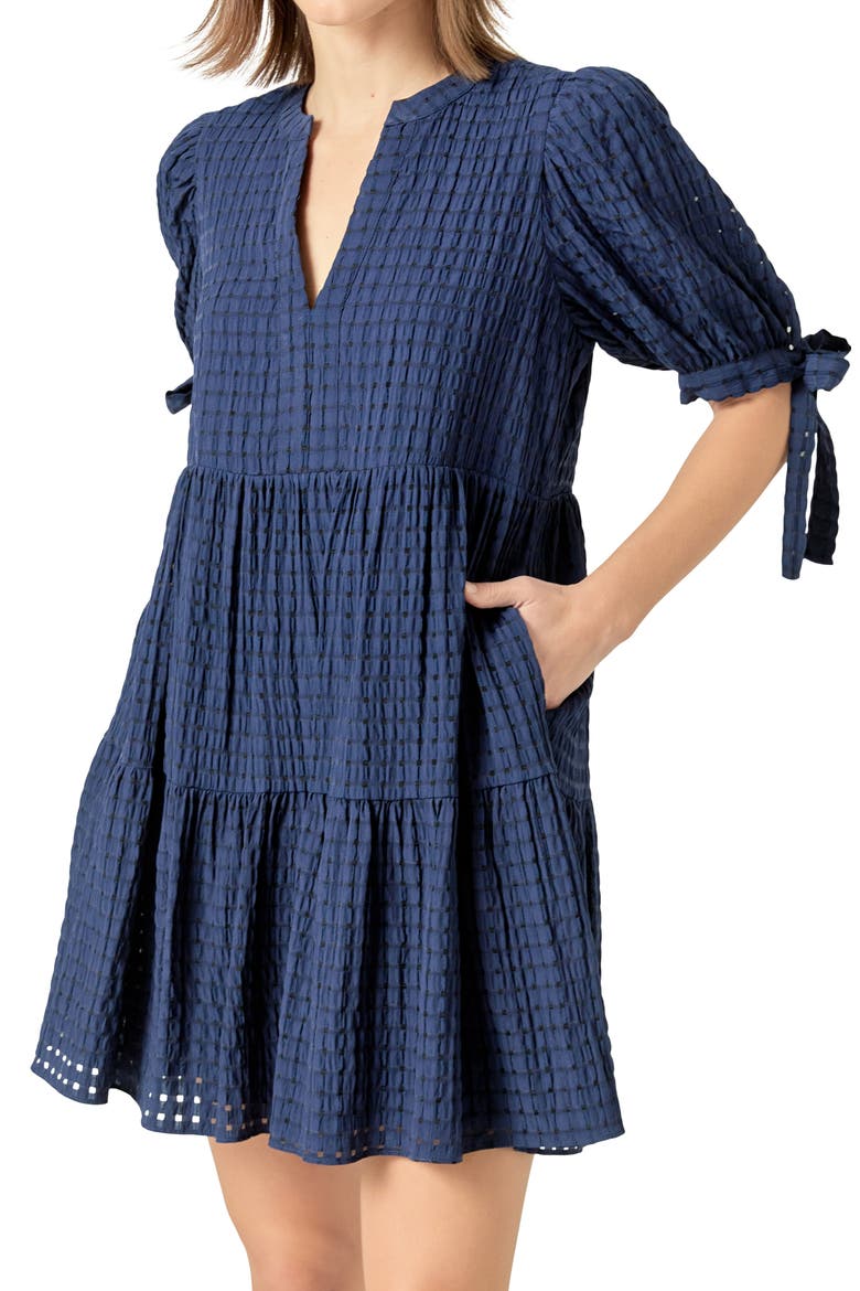 Texture Puff Sleeve Dress, Alternate, color, NAVY
