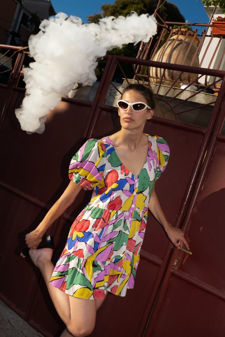 Lulani Puff-Sleeve Floral Mini Dress, Alternate, color, Solas