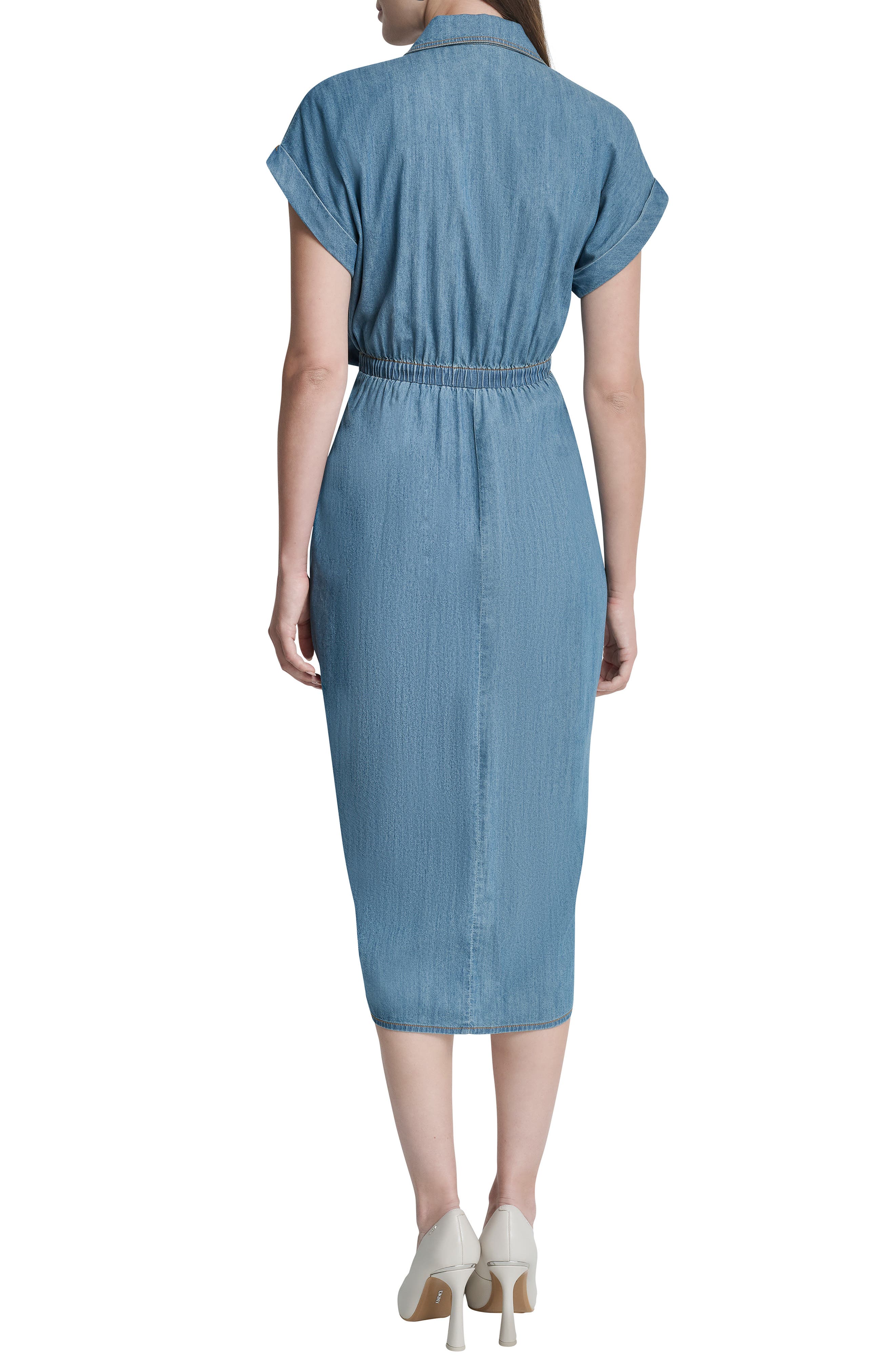 dkny denim dress Women's LACE UP Shift in Rustic Indigo Button back closure Sleeveless design Bias Denim Button Front Shirt Dress
