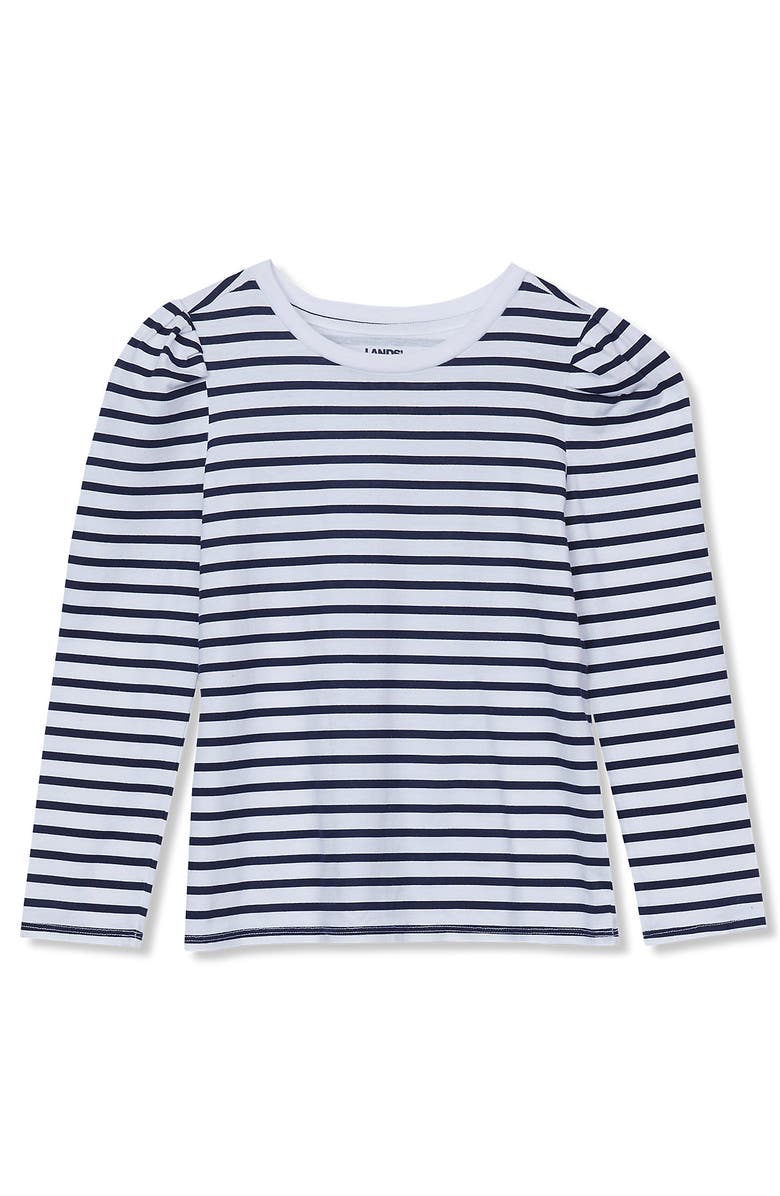 Lands' End Girls Long Sleeve Graphic Tee With Puff Shoulder, Main, color, Navy/Ivory Stripe