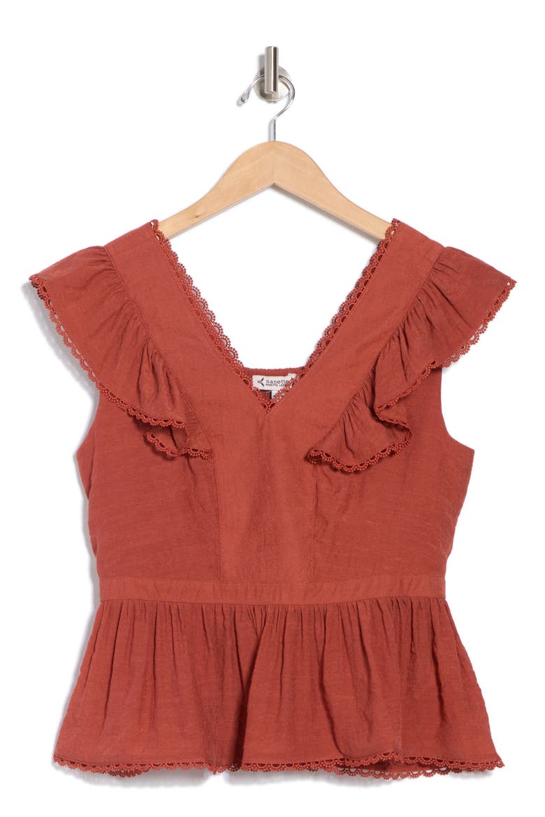 Lace Trim V-Neck Peplum Top, Alternate, color, TERRACOTTA