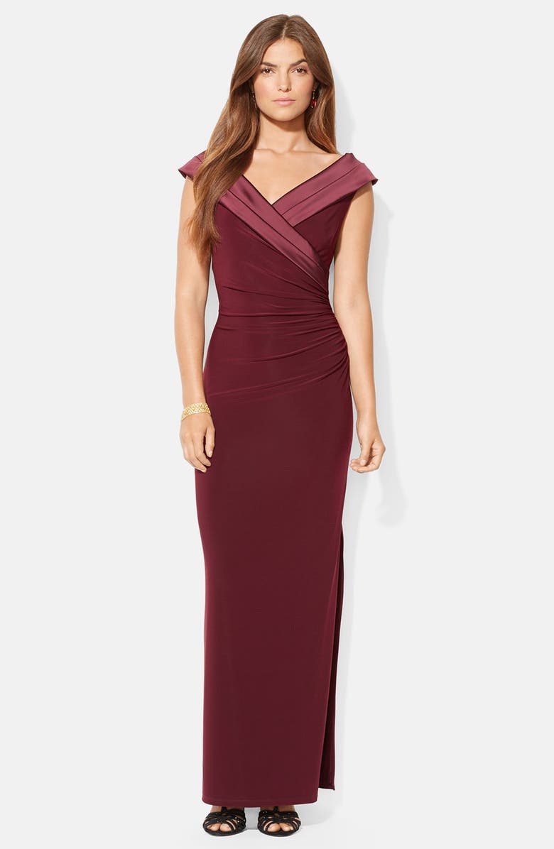 Lauren Ralph Lauren Satin Trim Off the Shoulder Jersey Gown, Main, color, 