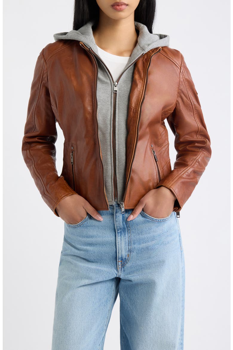 Alva Leather Jacket with Hood, Main, color, COGNAC