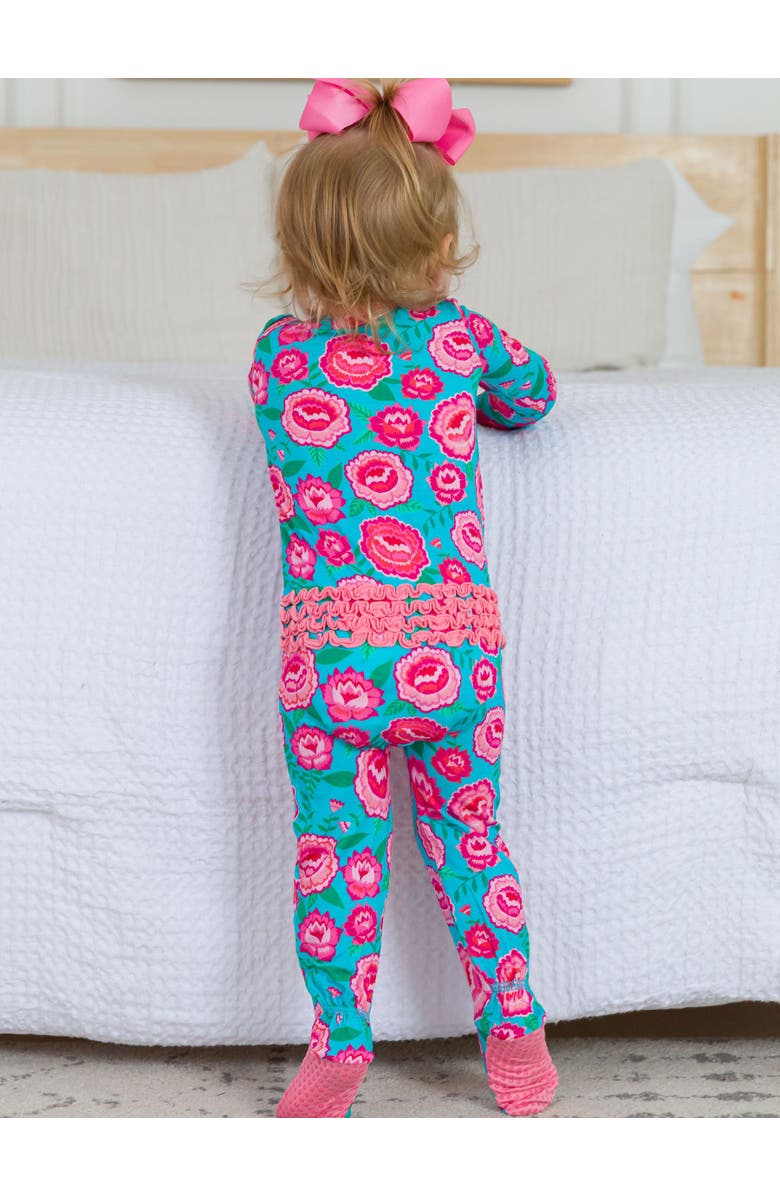 RuffleButts SoftSnooze Ruffle One Piece Footie Pajama, Alternate, color, Bright Blossoms