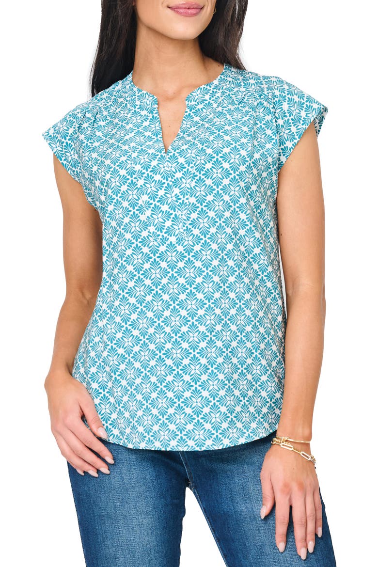 Split Neck Cap Sleeve High-Low Top, Main, color, TEAL LEAF TILE