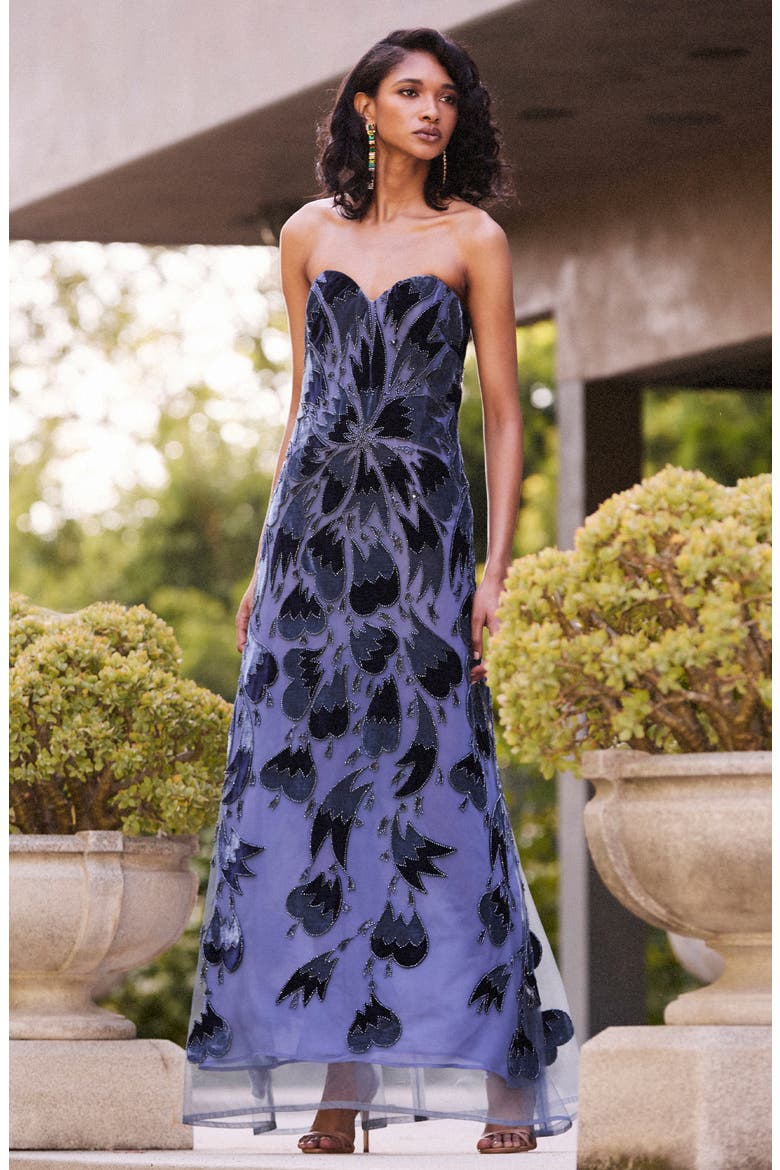 Sasha Velvet Trim Strapless Gown, Alternate, color, DENIM BLUE