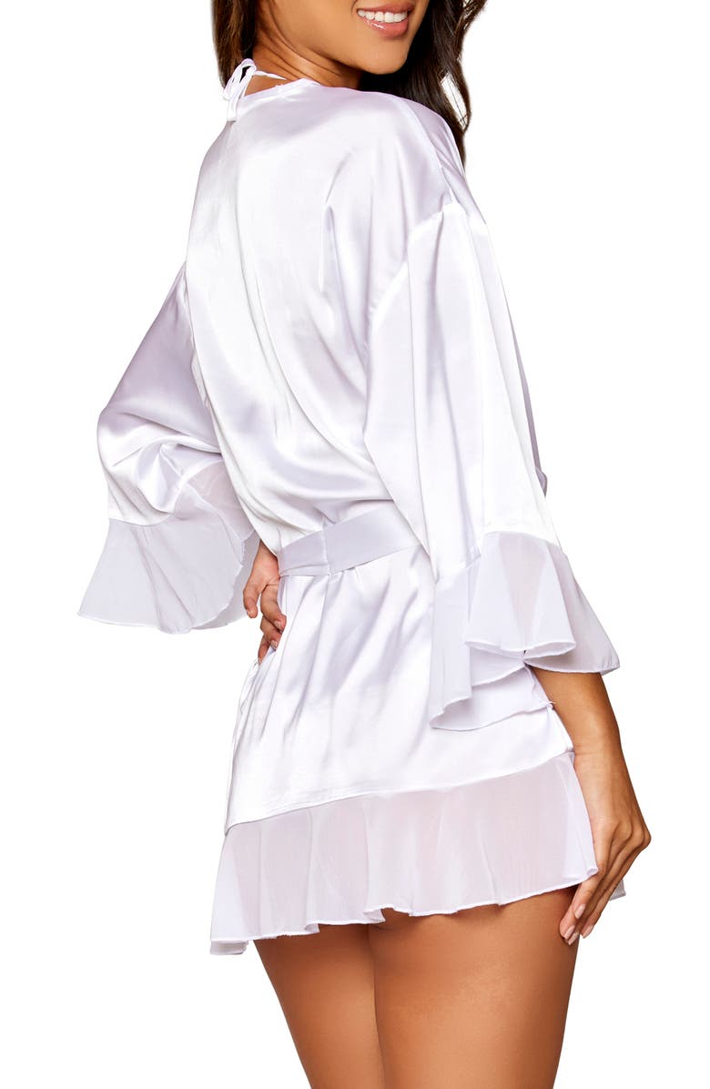 Dreamgirl Satin & Chiffon Bralette, Robe & Thong Set, Alternate, color, White