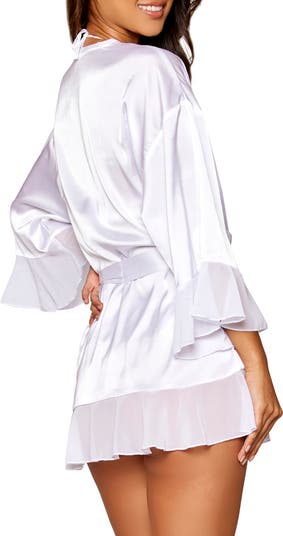 Satin & Chiffon Bralette, Robe & Thong Set