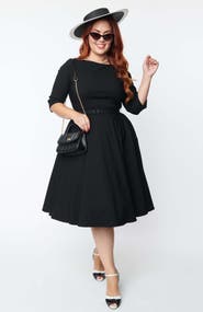 Unique Vintage Plus Size Three Quarter Sleeve Belted Devon Swing Dress
