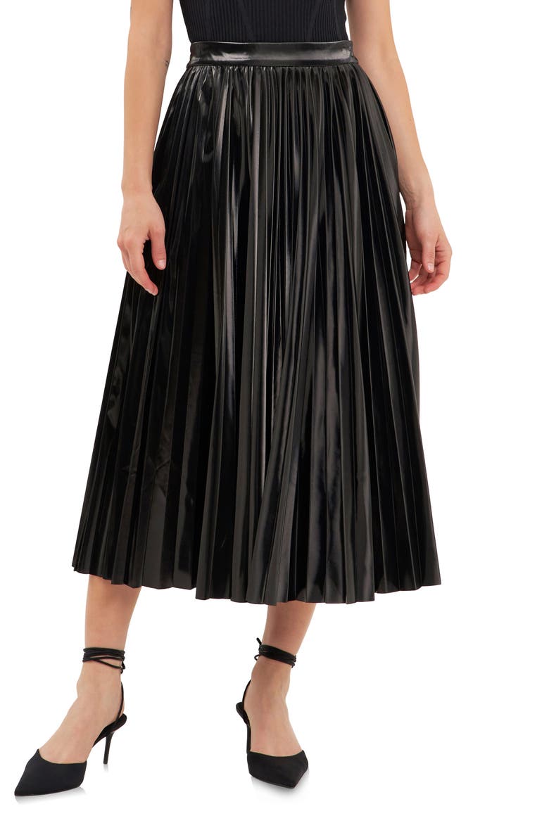 Pleated Faux Leather Midi Skirt, Main, color, BLACK