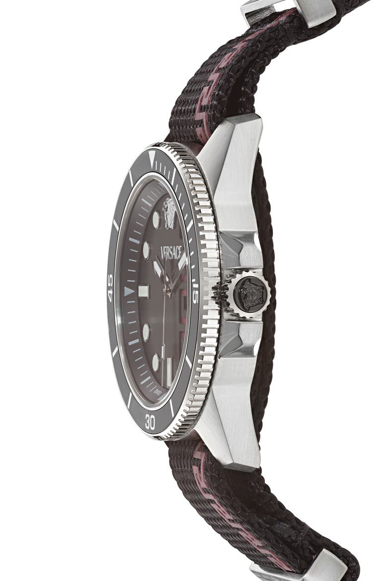 Greca Force Fabric Strap Watch, 42mm, Alternate, color, STAINLESS STEEL