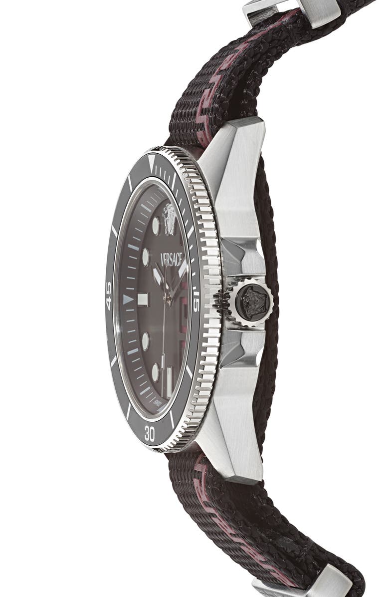 Versace Greca Force Fabric Strap Watch, 42mm, Alternate, color, Stainless Steel