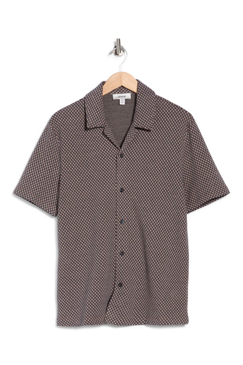 Geometric Jacquard Camp Shirt, Alternate, color, TAUPE / NAVY