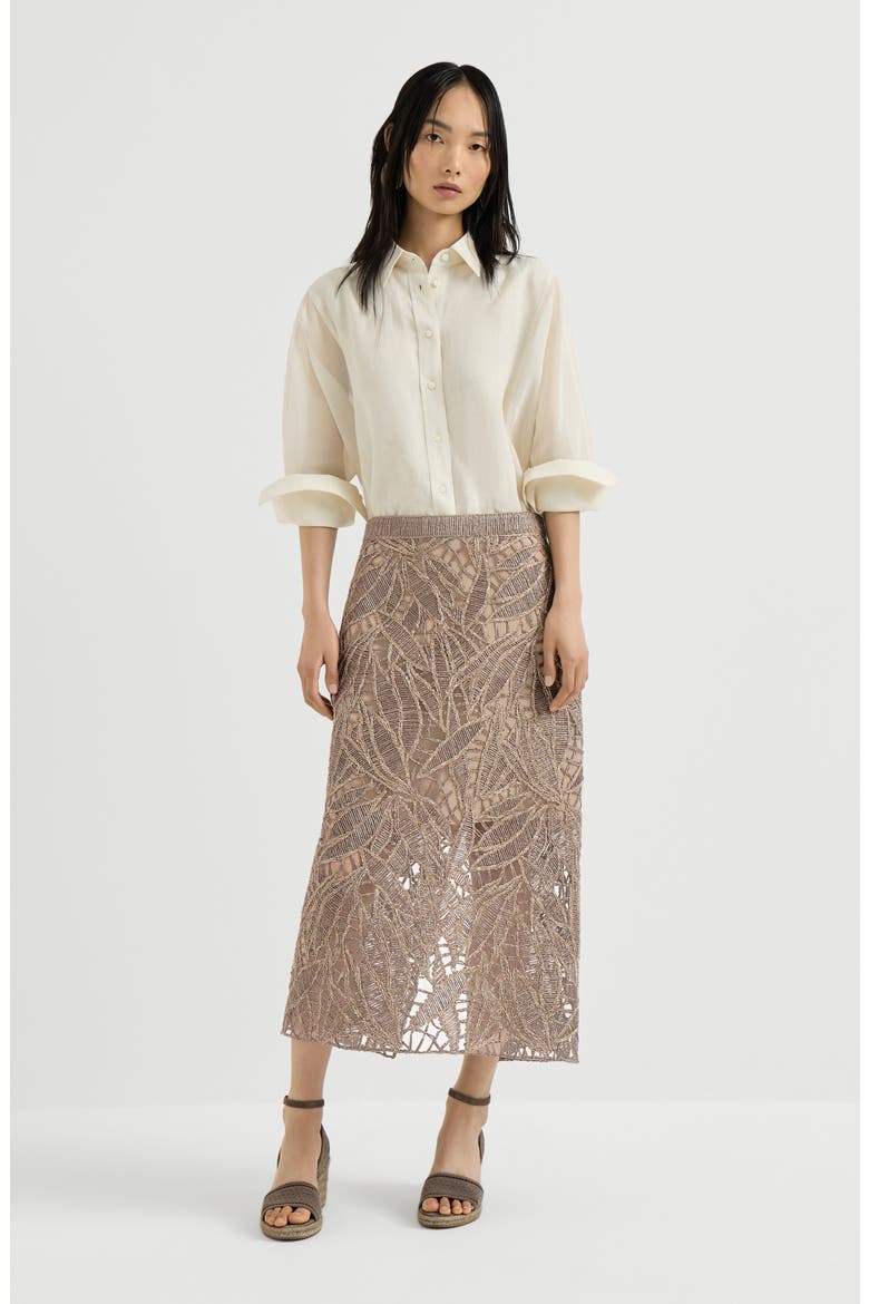 Linen and cotton dazzling cacao leaves embroidery skirt, Alternate, color, Rope