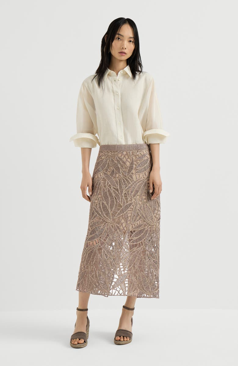 Brunello Cucinelli Linen and cotton dazzling cacao leaves embroidery skirt, Alternate, color, Rope