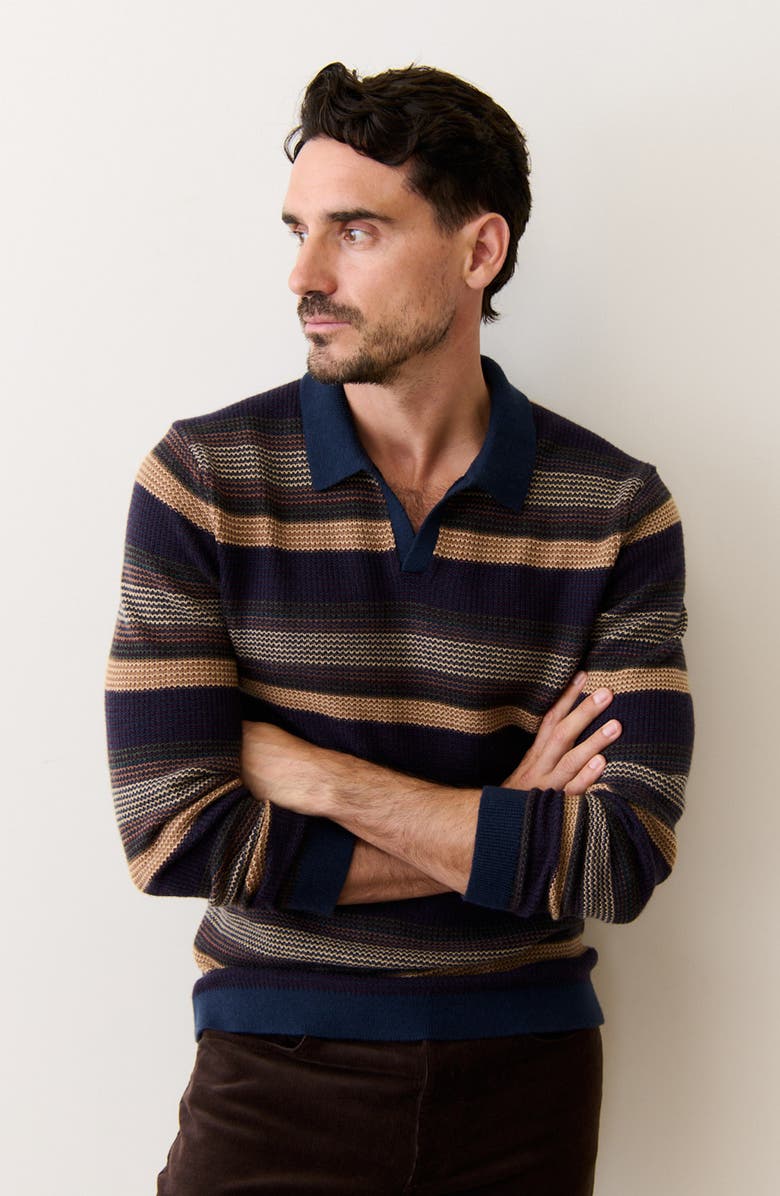 Marine Layer Liam Johnny Collar Long Sleeve Sweater Polo, Alternate, color, Warm Multi Stripe