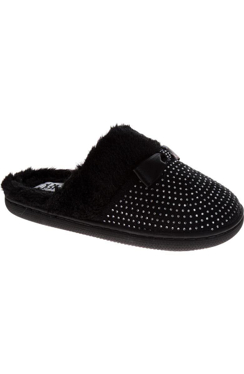 BADGLEY MISCHKA Faux Fur Rhinestone Scuff Slipper, Main, color, Black