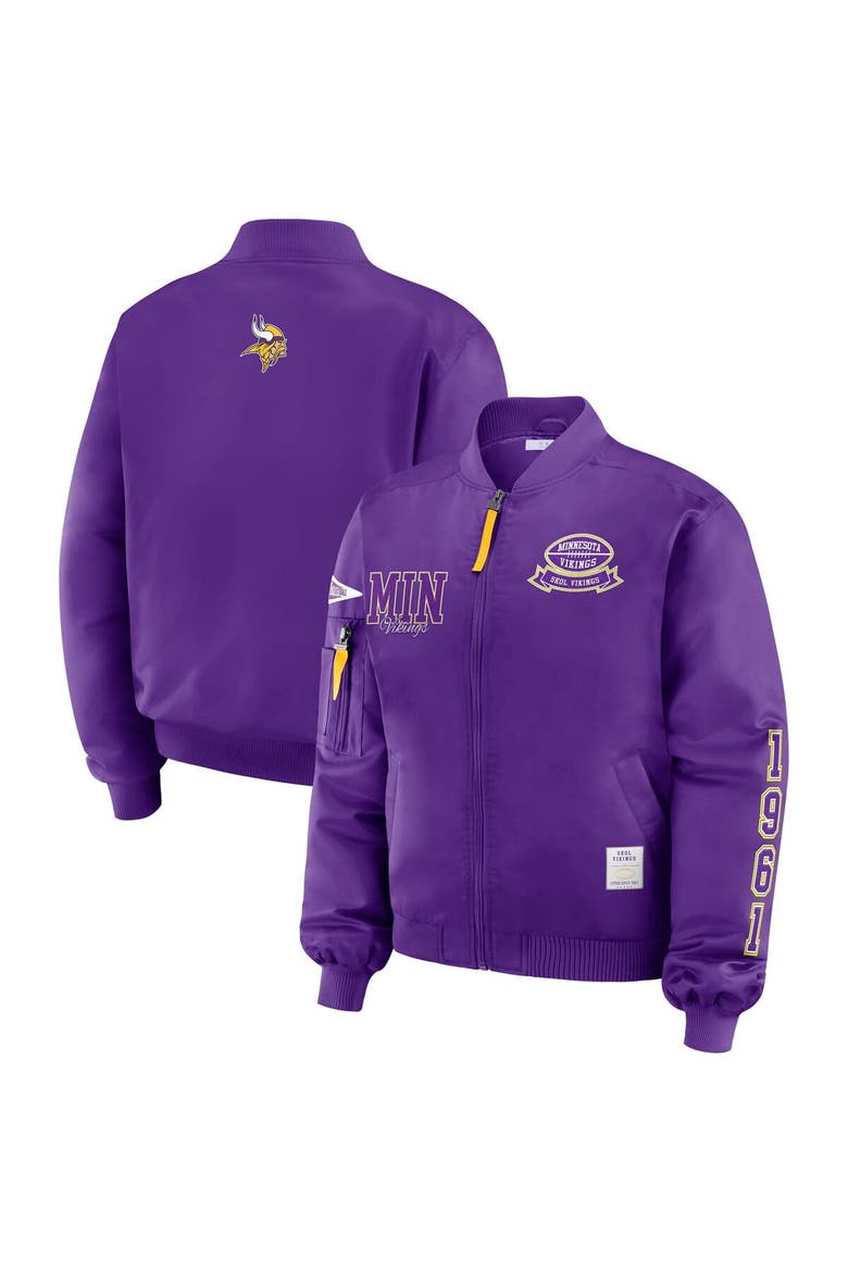 Women's WEAR by Erin Andrews Purple Minnesota Vikings Patch Full-Zip Bomber Jacket, Main, color, Purple
