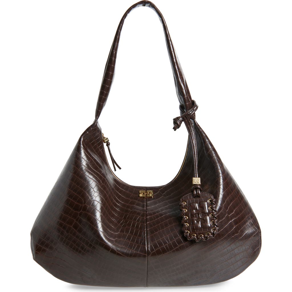 Ganni Xxl Bou Croc Embossed Hobo Bag In Brown