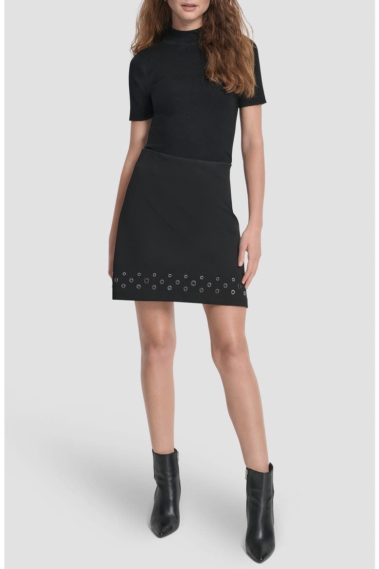 Grommet Trim Ponte Knit Miniskirt, Alternate, color, BLACK